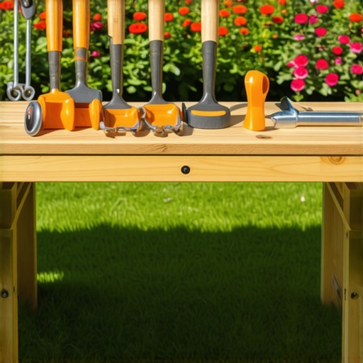 A photo of an ergonomic gardening bench and P-handle tools used to protect the spine.