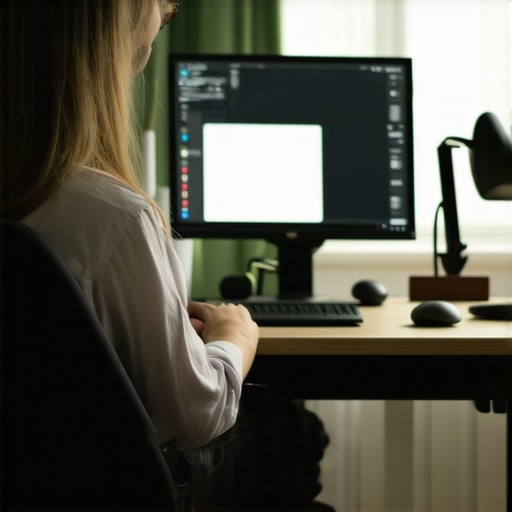 Person sitting at a desk with monitor at eye level to prevent neck pain