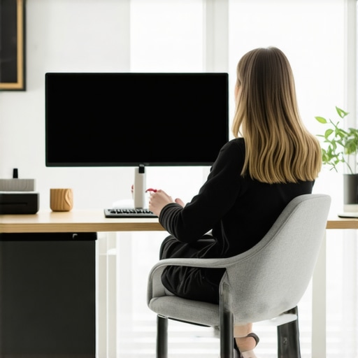 Ergonomic Office Setup for Spinal Health A correctly adjusted workstation featuring a monitor riser and lumbar support to improve posture and mobility.