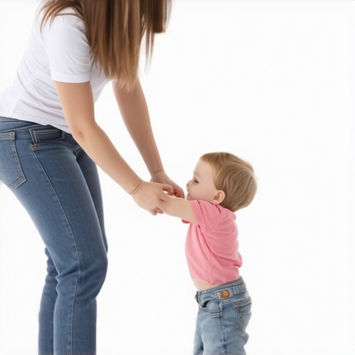 A parent correctly squatting with a straight back to lift a child safely.
