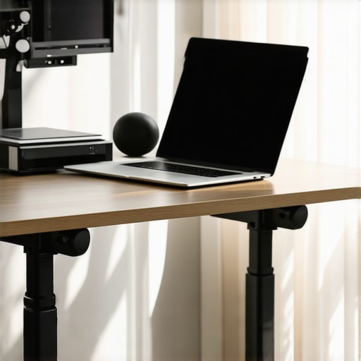 A desk setup showing a laptop riser and split keyboard for spinal alignment.