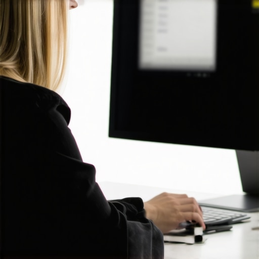 Ergonomic monitor height alignment Side view showing a person aligning their eyes with the top third of a computer monitor for better posture