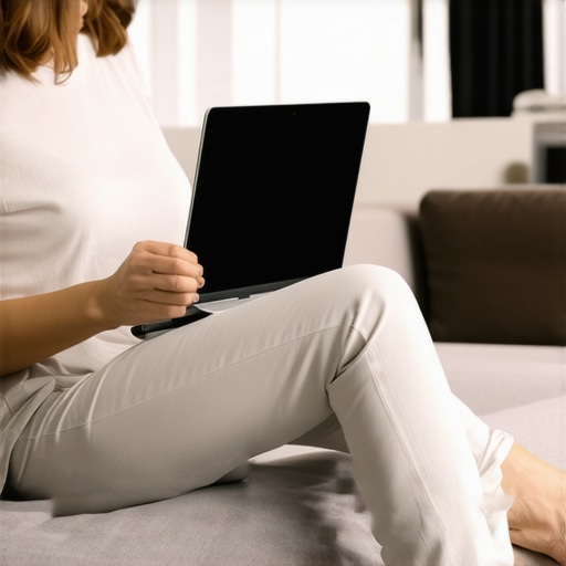 Ergonomic sofa setup with laptop riser Person using a portable laptop riser and lumbar pillow on a sofa for better posture