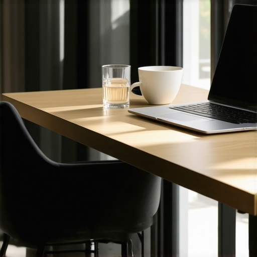 Ergonomic workspace setup for healthy posture An ergonomic desk setup with a laptop stand, water, and coffee to support neck and jaw health