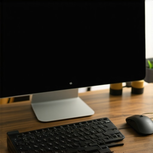 An organized office desk with a monitor raised to eye level on a stand to prevent neck strain.
