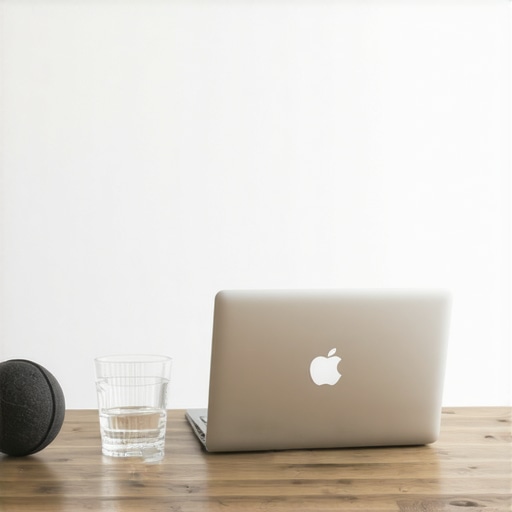A lacrosse ball and laptop stand on a desk for posture maintenance