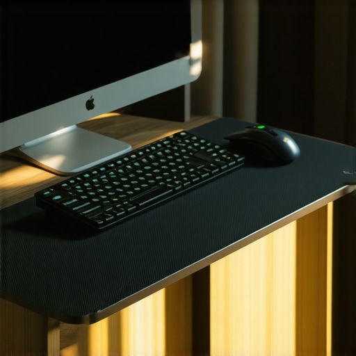 Topographical anti-fatigue mat and split keyboard at a standing desk setup