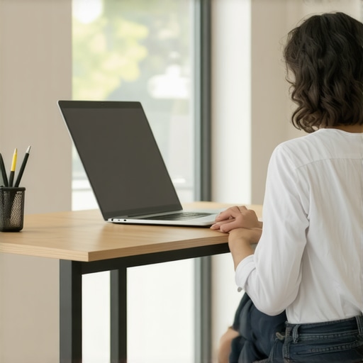 A professional laptop stand and ergonomic workspace setup designed to improve posture.