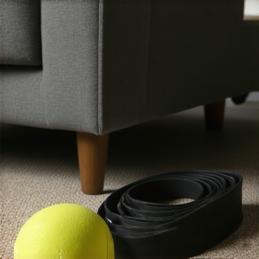 Essential Home Mobility Tools for Posture Maintenance A lacrosse ball and resistance band on the floor next to a couch for daily stretching.