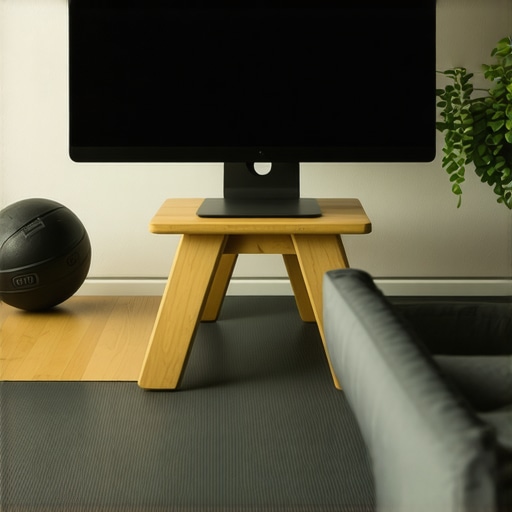 Essential Maintenance Tools for Posture A monitor riser and mobility tools like a lacrosse ball and foam roller used for daily posture maintenance.