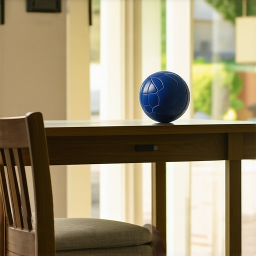 A lumbar roll and lacrosse ball on a desk used for posture maintenance and mobility.