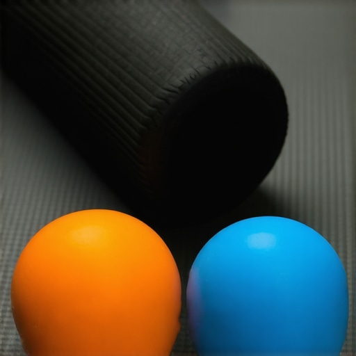 Foam roller and lacrosse balls on a yoga mat used for posture maintenance