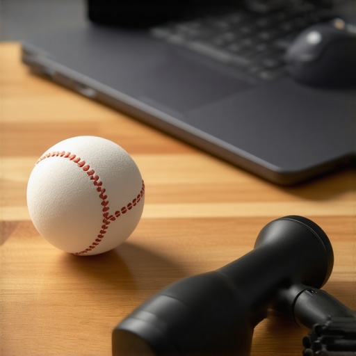 A lacrosse ball and recovery tools on a desk for posture maintenance.