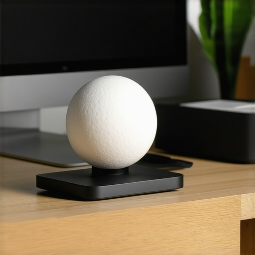 Essential Mobility and Posture Tools A lacrosse ball and monitor riser on a desk for posture maintenance