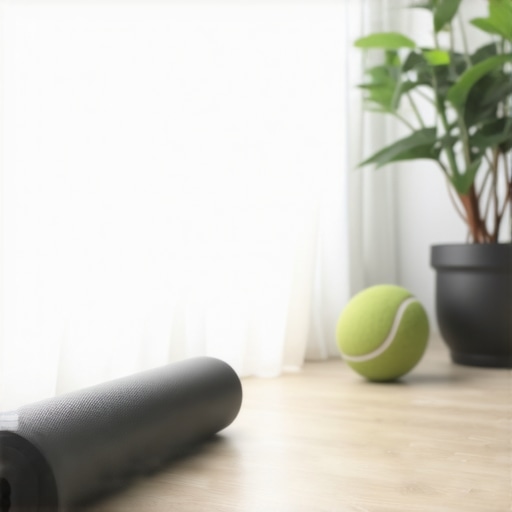 A collection of simple home tools for posture maintenance including a tennis ball and foam roller.