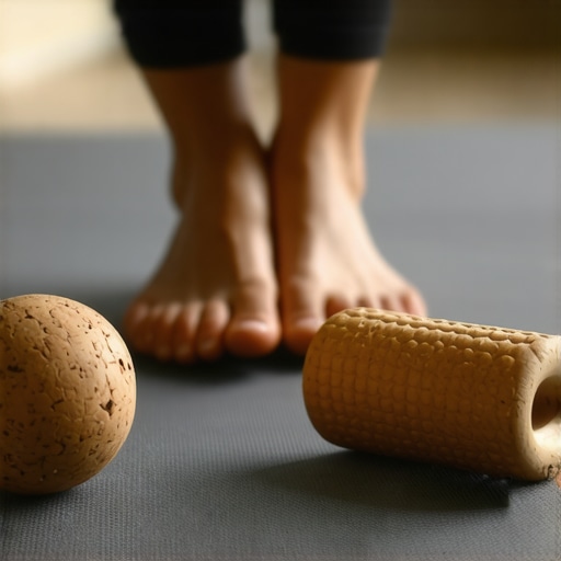 Anti-fatigue mat with a cork massage ball and wooden foot roller for office ergonomics