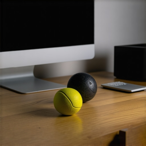 A lacrosse ball on a desk used for targeting back muscle tension and improving mobility.