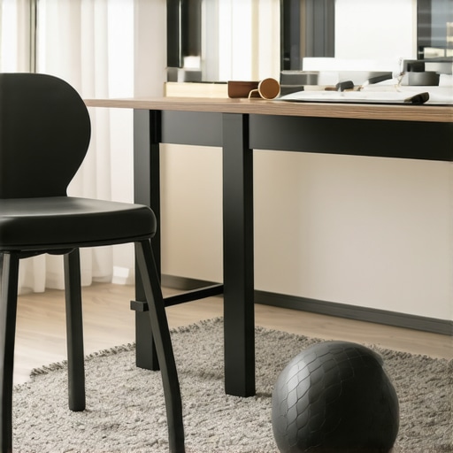 A perching stool and mobility tools in a modern home office setup.