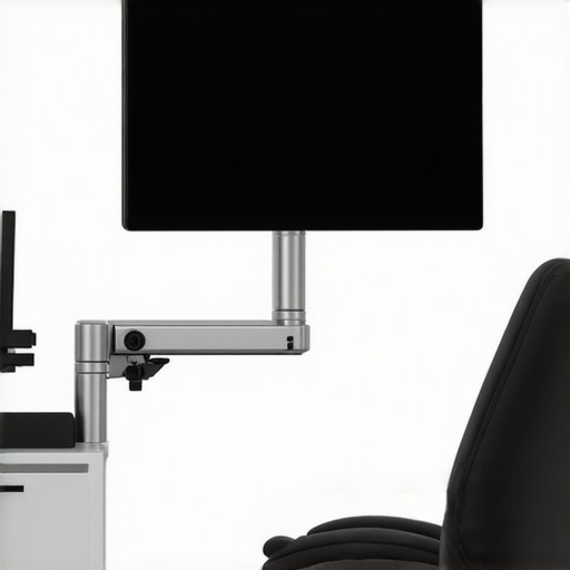 Professional ergonomic desk setup including monitor arm and lumbar support for better posture.