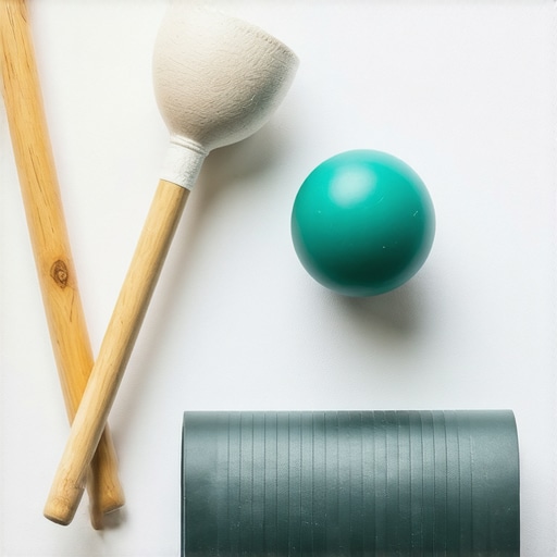 A collection of simple mobility tools including a lacrosse ball and lumbar roll for posture correction.