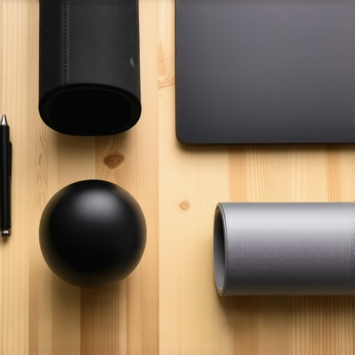 A collection of posture maintenance tools including a lacrosse ball and lumbar roll on a wooden desk.