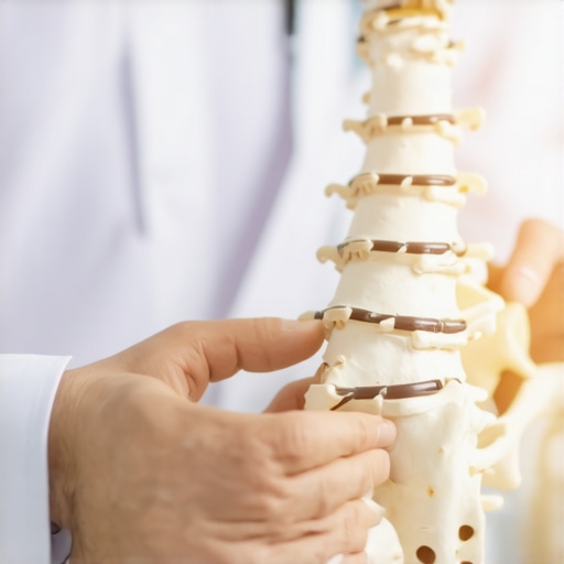 Chiropractor explaining spinal alignment and joint function using a model.