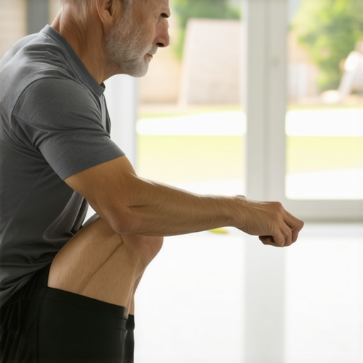 Half-Kneeling Hip Flexor Stretch for Spinal Relief A man performing a hip flexor stretch to reduce lower back tension.