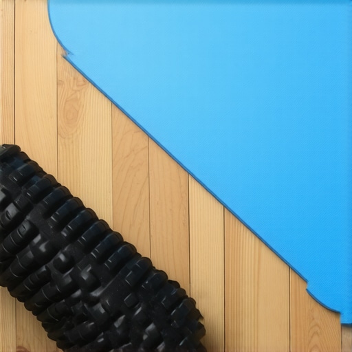 High density foam roller on yoga mat High density foam roller on a blue yoga mat for posture exercises