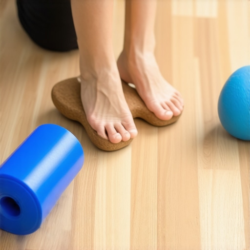 Cork block foot rest and foam roller under a home office desk for spine alignment.