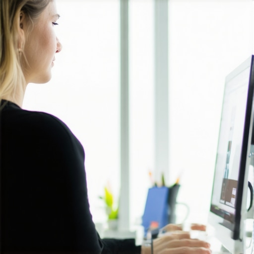 Ideal ergonomic monitor setup for neck health A person sitting with perfect posture at a desk with the monitor at eye level to prevent neck strain.