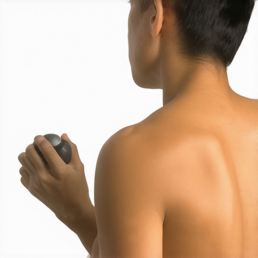 Person using a lacrosse ball against a wall for thoracic spine and rib mobility.
