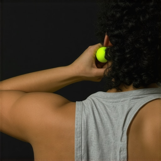 A person using a lacrosse ball against a wall to target specific knots in the thoracic spine for mobility maintenance.