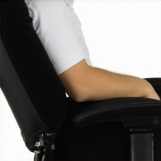 Close-up of a person using a lumbar roll for correct sitting posture.