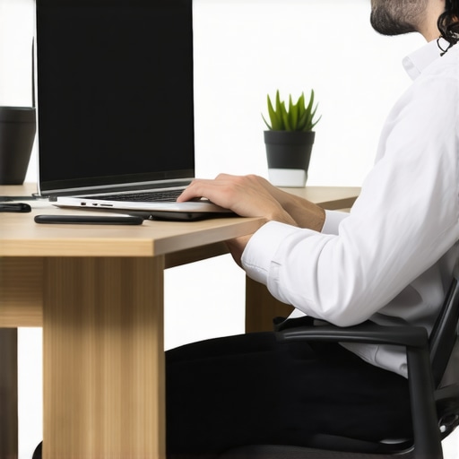 Modern Ergonomic Tools for Spinal Health A person using a laptop stand and lumbar roll to maintain healthy posture and prevent neck strain.