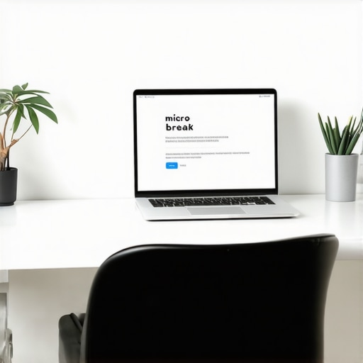 A minimalist desk with lumbar support and micro-break software displayed on a monitor.