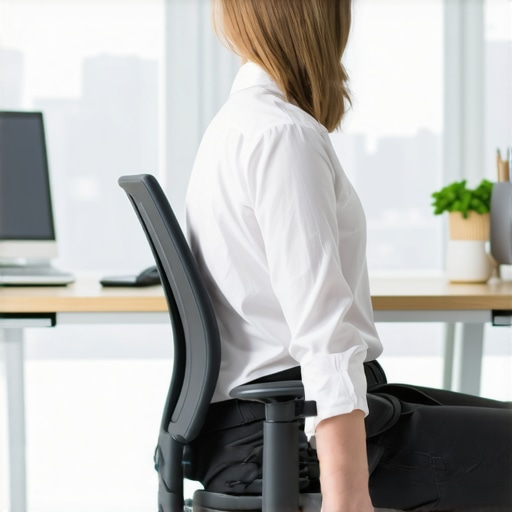 A person demonstrating active sitting to prevent nerve compression at a desk.