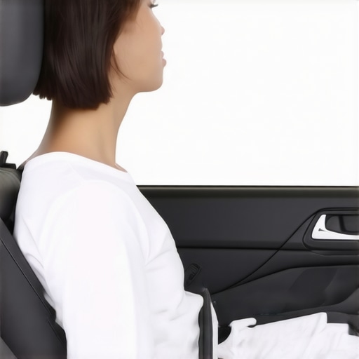 A person performing a chin tuck against a car headrest to relieve neck tension.