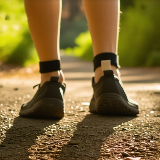 A person walking on a trail in zero-drop shoes to improve hip and pelvic alignment