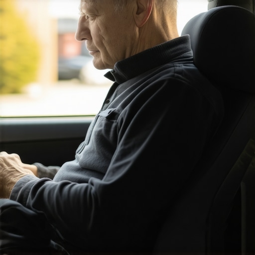 Neutral Spine Alignment for Long Drives A demonstration of a driver maintaining a neutral spine with lumbar support for a long road trip.