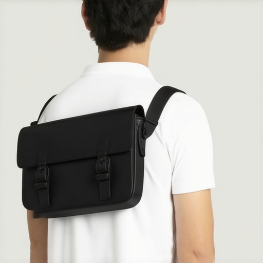 Optimal Messenger Bag Carrying Position Person demonstrating how to wear a messenger bag high on the back to improve posture.