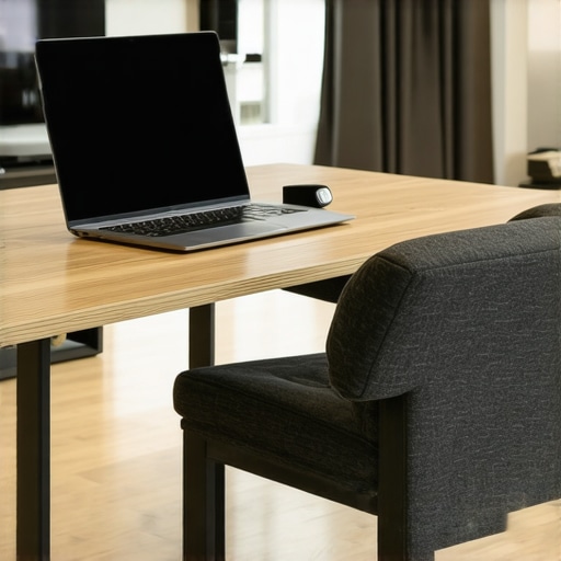 Optimized Ergonomic Desk Setup A laptop on a stand and a lumbar roll on an office chair to promote better posture.