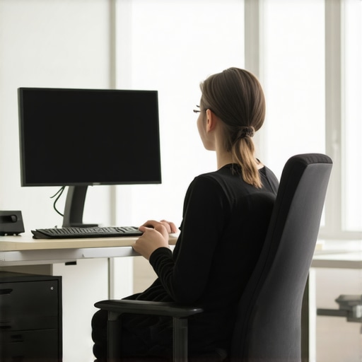 Optimized Ergonomic Workspace for Spinal Health A person sitting at an ergonomic desk setup with proper monitor height and lumbar support.