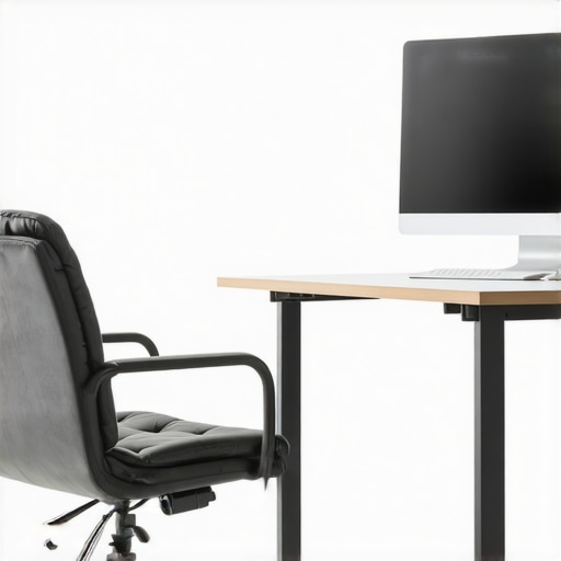 An ergonomic desk setup with monitor at eye level and lumbar support