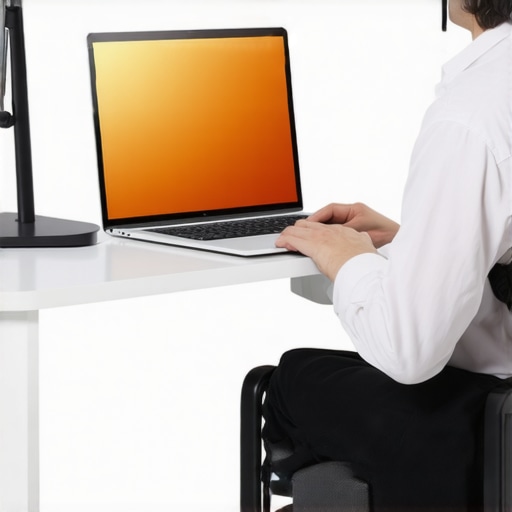 A home office desk with an ergonomic chair and a screen filter to reduce eye strain and neck pain.