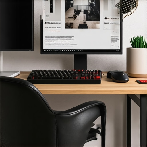 A professional home office setup featuring ergonomic tools including a split keyboard and lumbar roll for spine health.