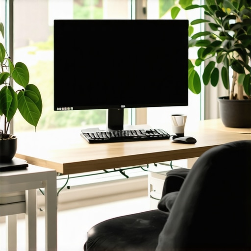 Optimized Ergonomic Workstation Setup Professional ergonomic desk setup with monitor stand and lumbar support for better posture.