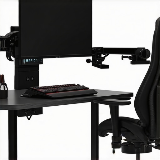 Optimized Ergonomic Workstation for Spinal Health A modern desk setup with split keyboard and monitor arm to prevent neck pain and maintain balance.