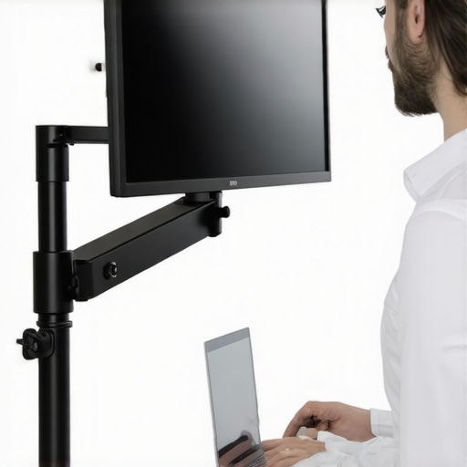 A professional desk setup with a monitor arm and laptop stand designed to improve neck posture and reduce spinal clicking.