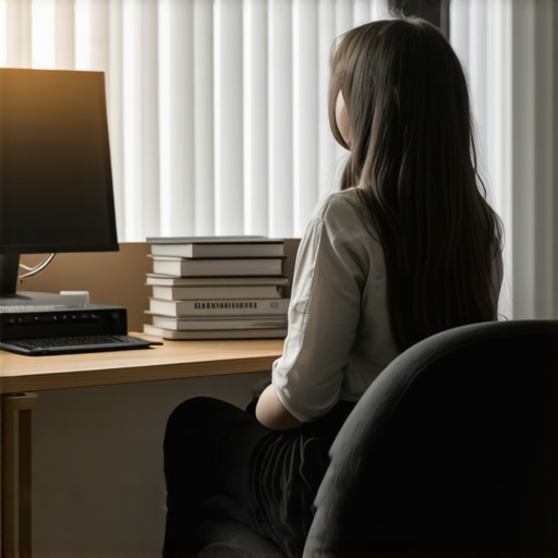 A clean home office setup with a monitor at eye level and a lumbar roll for spinal support.