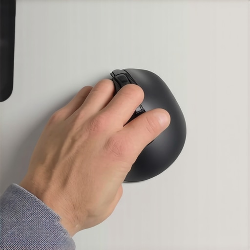 Optimized vertical mouse for wrist health Close up of an ergonomic vertical mouse on a wooden desk with a hand in neutral position.